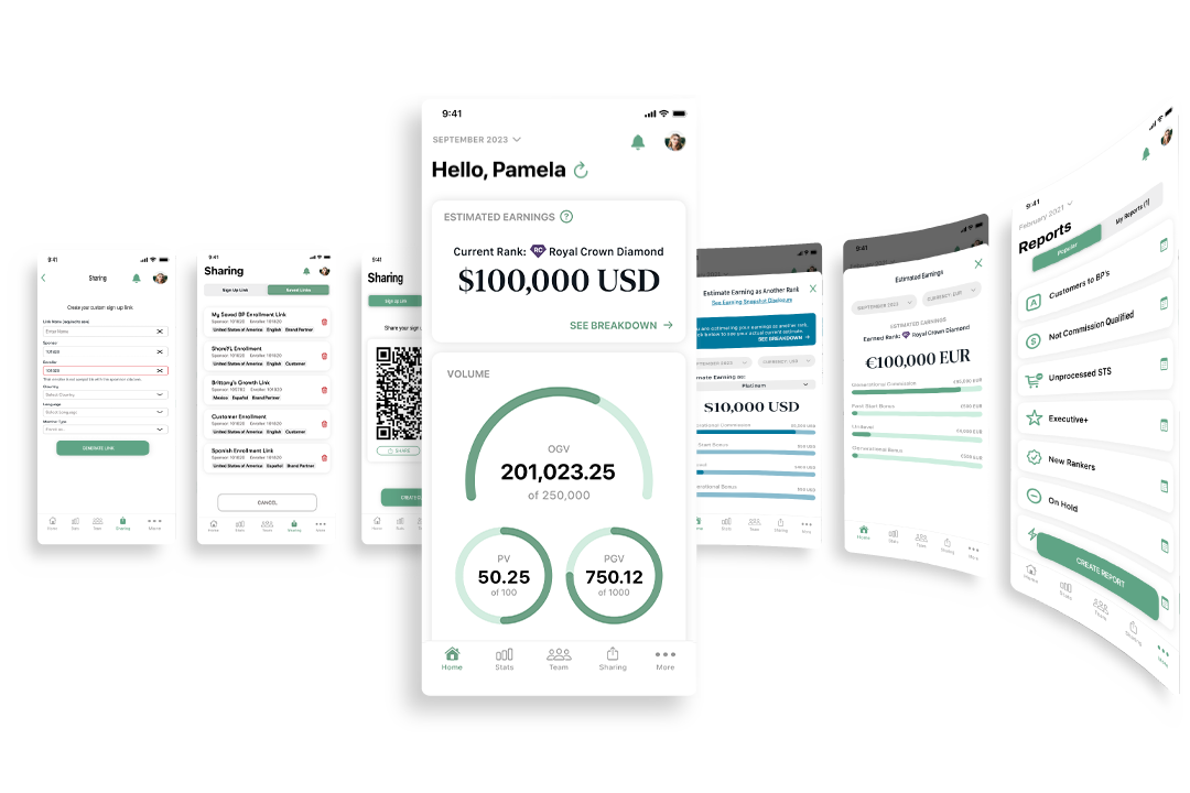 7 new screens, including home, sharing, and estimating.