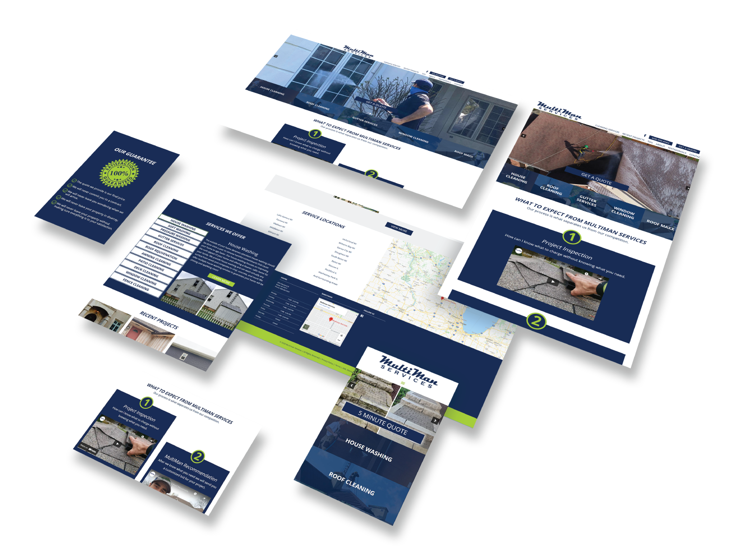 Screenshots highlighting various aspects of the website design in multiple screen sizes.