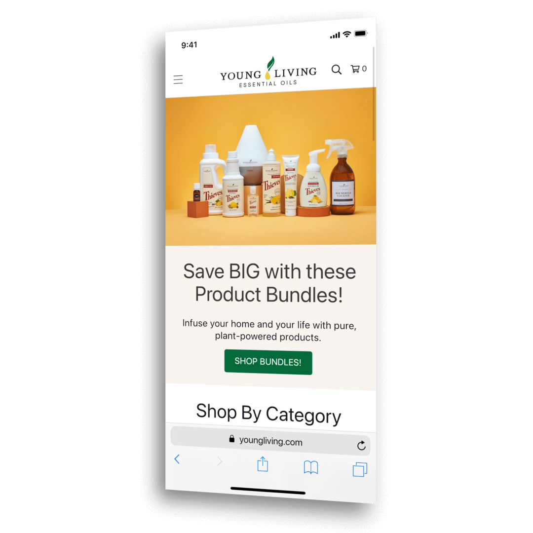 Screenshot of Young Living mobile homepage. User scrolls down and header changes to show emphasized search bar while minimizing overall size.